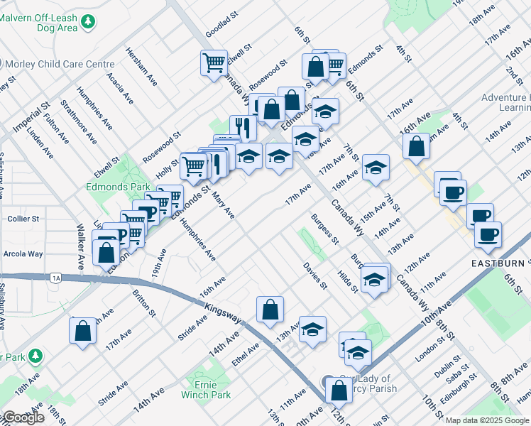 map of restaurants, bars, coffee shops, grocery stores, and more near 7573 17th Avenue in Burnaby