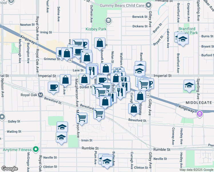 map of restaurants, bars, coffee shops, grocery stores, and more near 6885 Russell Avenue in Burnaby