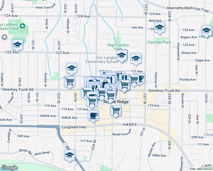 map of restaurants, bars, coffee shops, grocery stores, and more near 22441 Dewdney Trunk Road in Maple Ridge