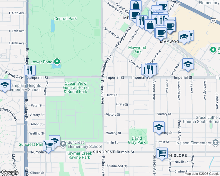 map of restaurants, bars, coffee shops, grocery stores, and more near 4158 Kenny Court in Burnaby