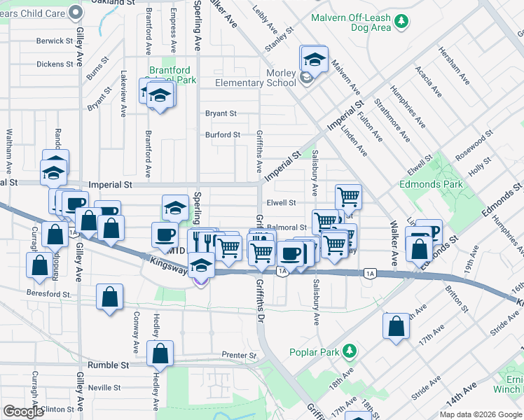 map of restaurants, bars, coffee shops, grocery stores, and more near 6912 Griffiths Avenue in Burnaby
