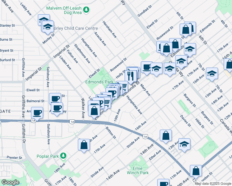 map of restaurants, bars, coffee shops, grocery stores, and more near 7433 Edmonds Street in Burnaby