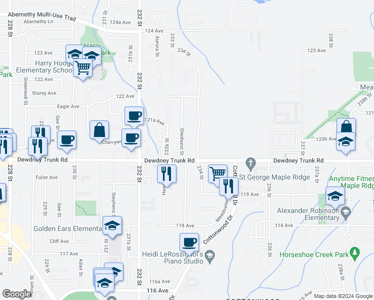 map of restaurants, bars, coffee shops, grocery stores, and more near 12020 Glenhurst Street in Maple Ridge