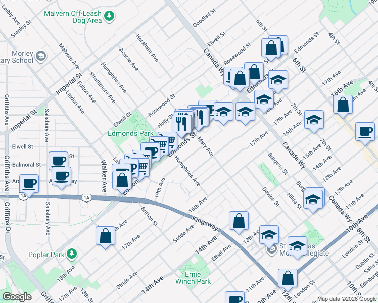 map of restaurants, bars, coffee shops, grocery stores, and more near 7477 19th Avenue in Burnaby