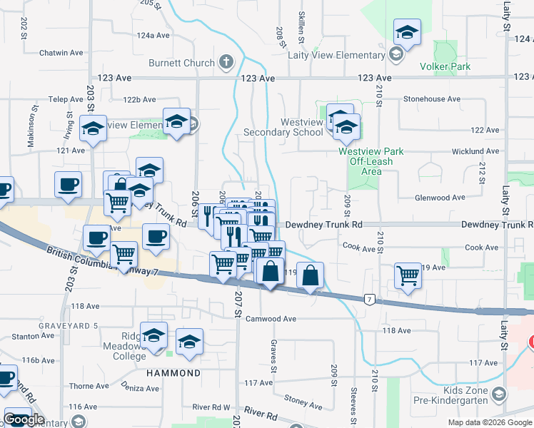 map of restaurants, bars, coffee shops, grocery stores, and more near 12020 207A Street in Maple Ridge