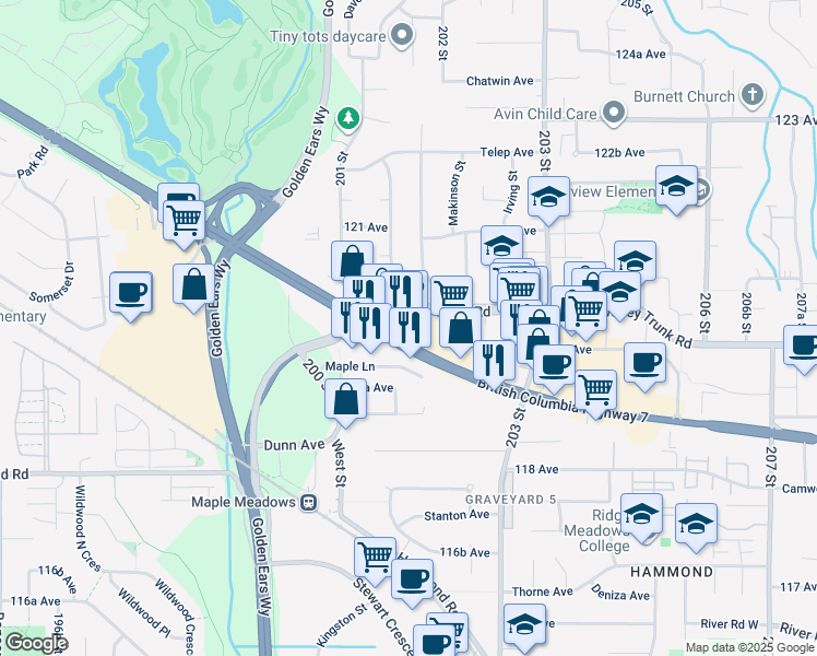map of restaurants, bars, coffee shops, grocery stores, and more near 20201 British Columbia 7 in Maple Ridge