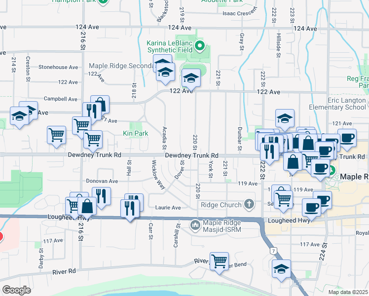 map of restaurants, bars, coffee shops, grocery stores, and more near 12020 Dover Street in Maple Ridge