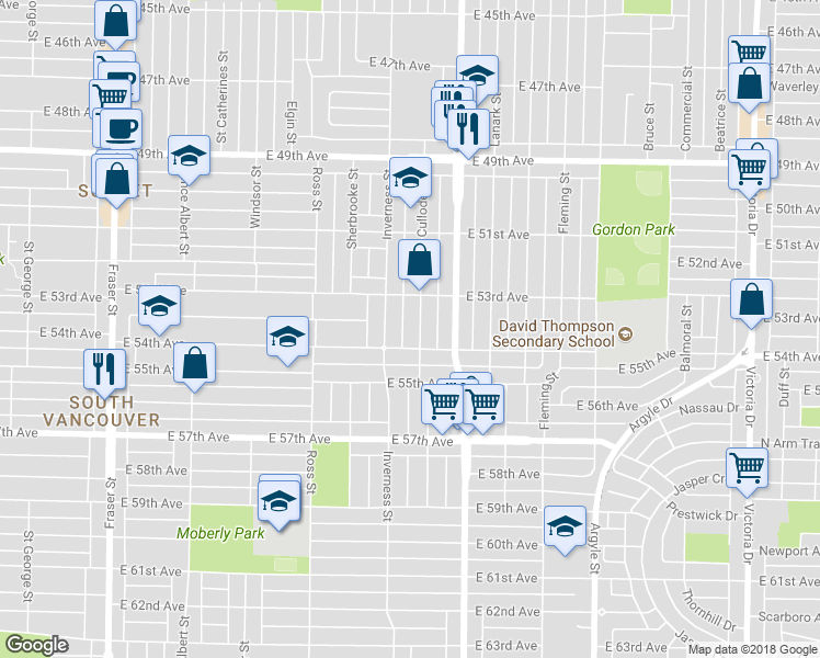 map of restaurants, bars, coffee shops, grocery stores, and more near 6959 Culloden Street in Vancouver