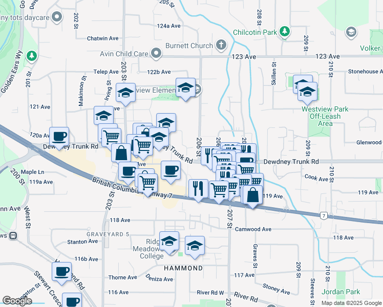 map of restaurants, bars, coffee shops, grocery stores, and more near 20583 Dewdney Trunk Road in Maple Ridge