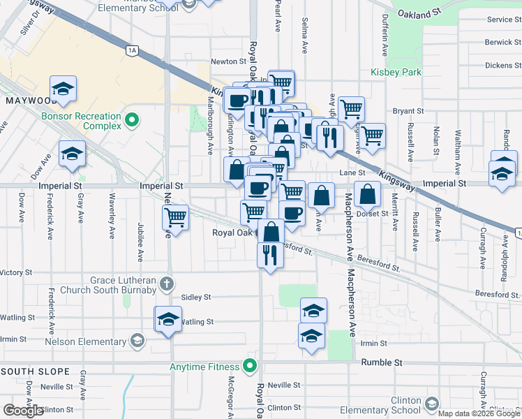 map of restaurants, bars, coffee shops, grocery stores, and more near 6888 Royal Oak Avenue in Burnaby