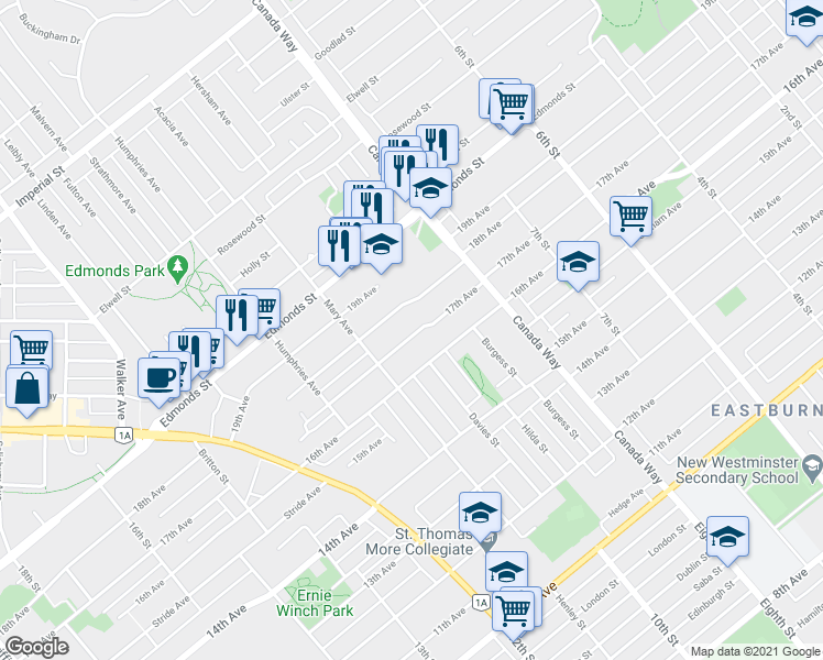 map of restaurants, bars, coffee shops, grocery stores, and more near 7581 17th Avenue in Burnaby