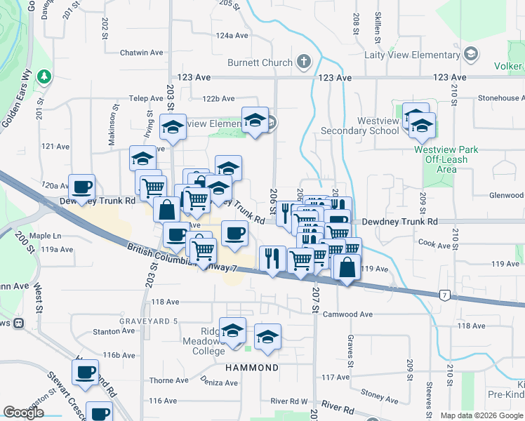 map of restaurants, bars, coffee shops, grocery stores, and more near 12019 206 Street in Maple Ridge