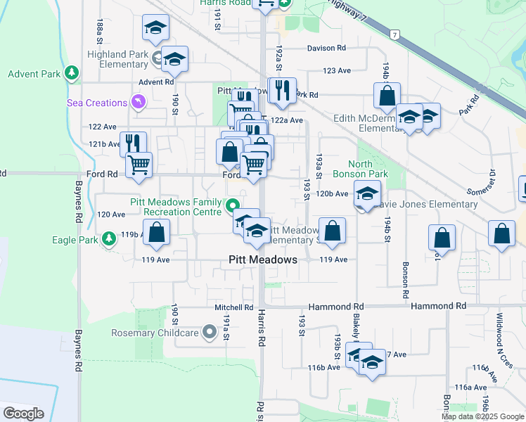 map of restaurants, bars, coffee shops, grocery stores, and more near 11962 Harris Road in Pitt Meadows