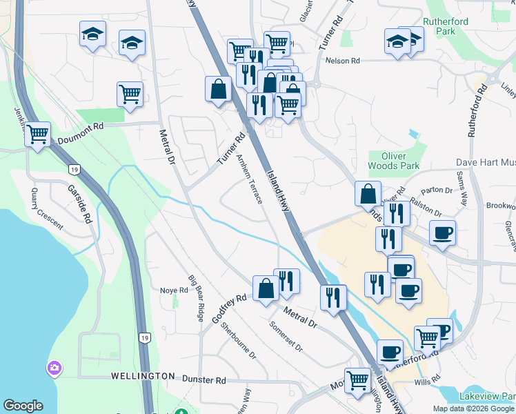 map of restaurants, bars, coffee shops, grocery stores, and more near 5611 Arnhem Terrace in Nanaimo