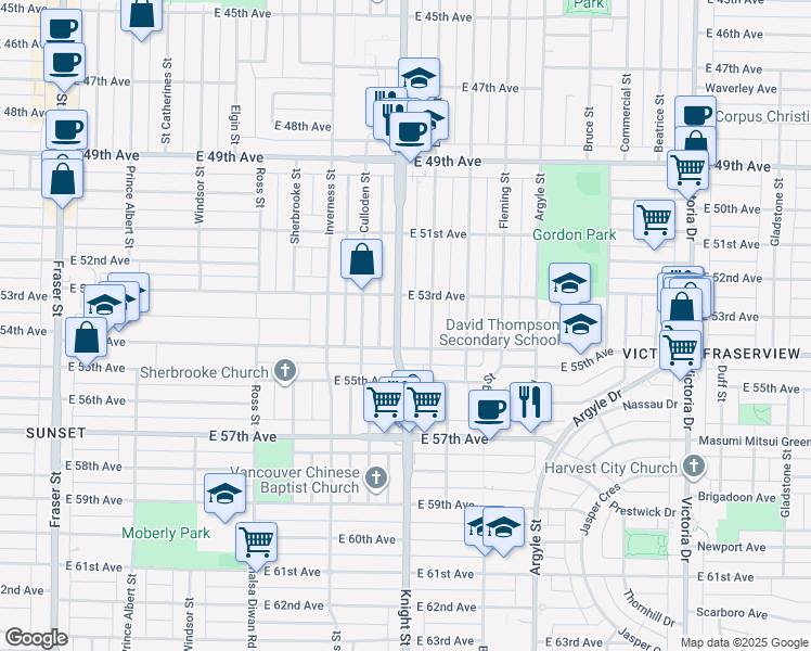 map of restaurants, bars, coffee shops, grocery stores, and more near 6960 Knight Street in Vancouver