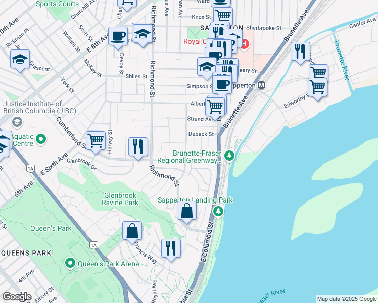 map of restaurants, bars, coffee shops, grocery stores, and more near 106 Miner Street in New Westminster
