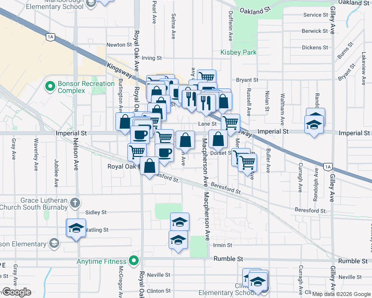 map of restaurants, bars, coffee shops, grocery stores, and more near 5507 Dorset Street in Burnaby