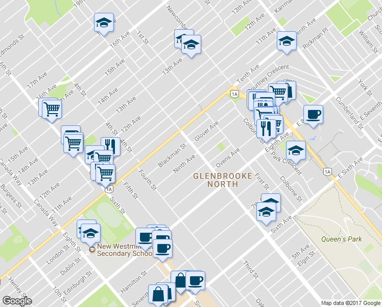 map of restaurants, bars, coffee shops, grocery stores, and more near 207 Ninth Avenue in New Westminster
