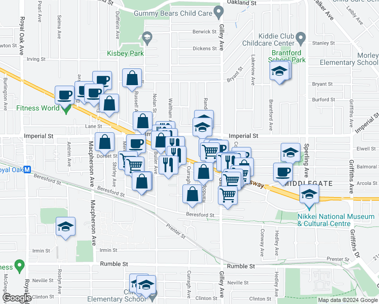 map of restaurants, bars, coffee shops, grocery stores, and more near 6105 Kingsway in Burnaby