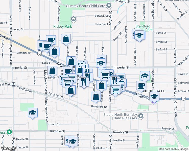 map of restaurants, bars, coffee shops, grocery stores, and more near in Burnaby