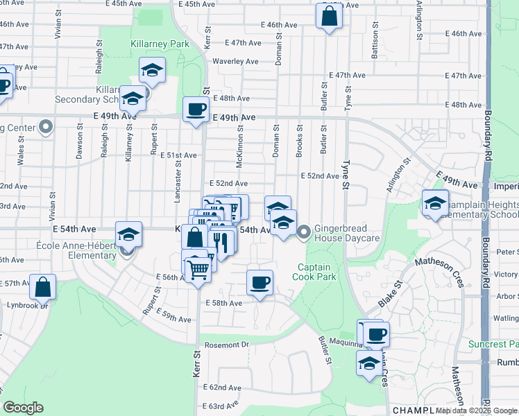 map of restaurants, bars, coffee shops, grocery stores, and more near 3268 East 53rd Avenue in Vancouver