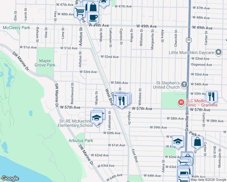 map of restaurants, bars, coffee shops, grocery stores, and more near 7176 East Boulevard in Vancouver