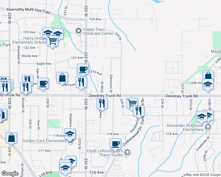 map of restaurants, bars, coffee shops, grocery stores, and more near 12020 Glenhurst Street in Maple Ridge
