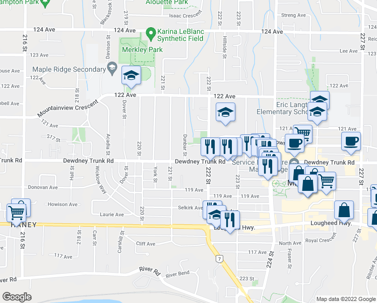 map of restaurants, bars, coffee shops, grocery stores, and more near 12026 Dunbar Street in Maple Ridge