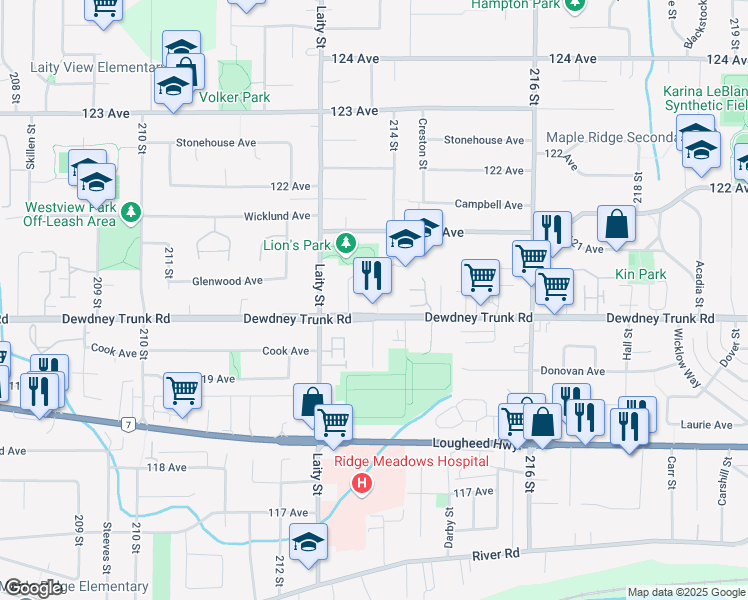 map of restaurants, bars, coffee shops, grocery stores, and more near 12048 McIntyre Court in Maple Ridge