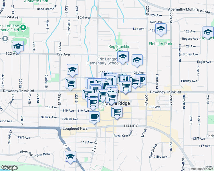 map of restaurants, bars, coffee shops, grocery stores, and more near 22441 Dewdney Trunk Road in Maple Ridge