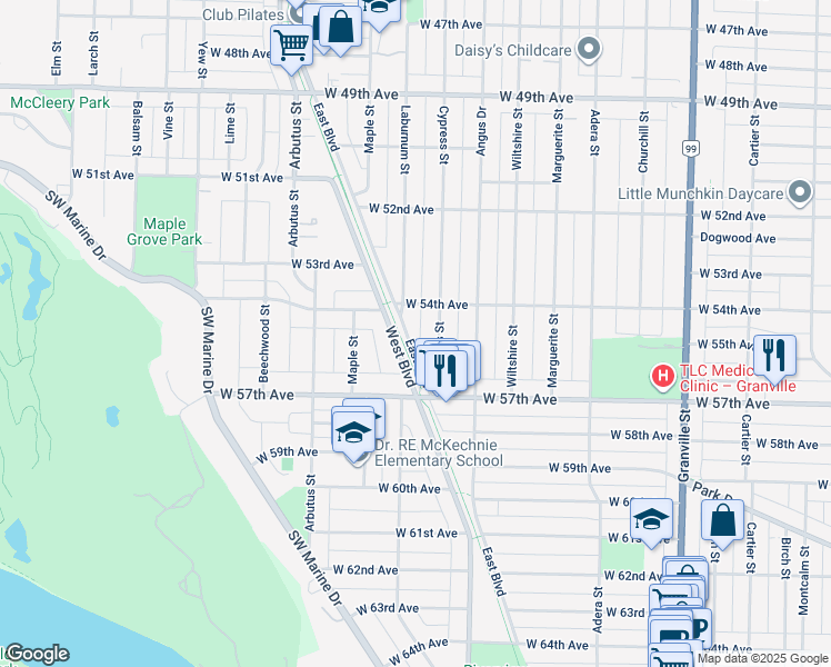 map of restaurants, bars, coffee shops, grocery stores, and more near 7178 East Boulevard in Vancouver