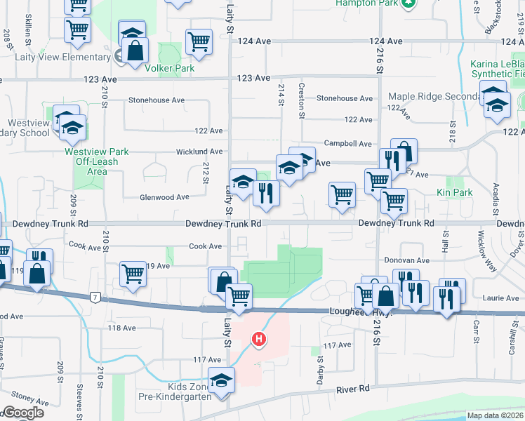 map of restaurants, bars, coffee shops, grocery stores, and more near 12044 McIntyre Court in Maple Ridge