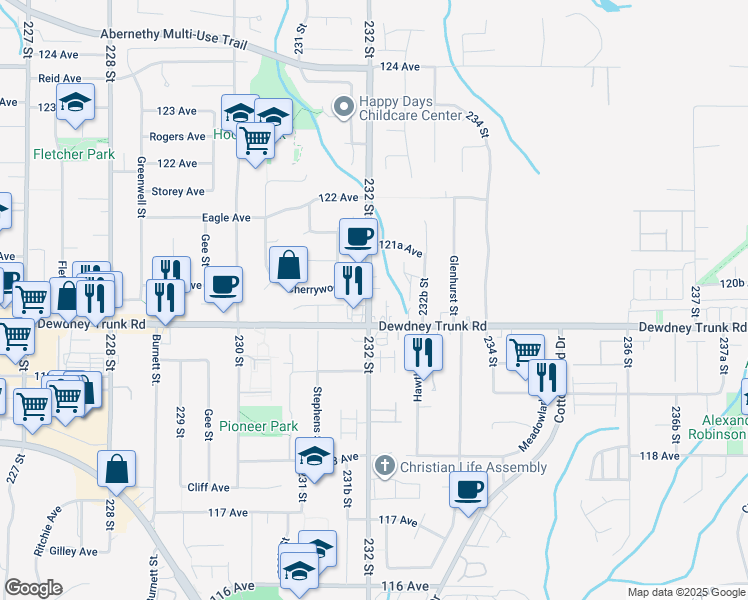 map of restaurants, bars, coffee shops, grocery stores, and more near 12052 232 Street in Maple Ridge