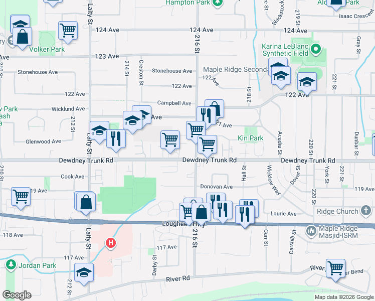 map of restaurants, bars, coffee shops, grocery stores, and more near 21555 Dewdney Trunk Road in Maple Ridge