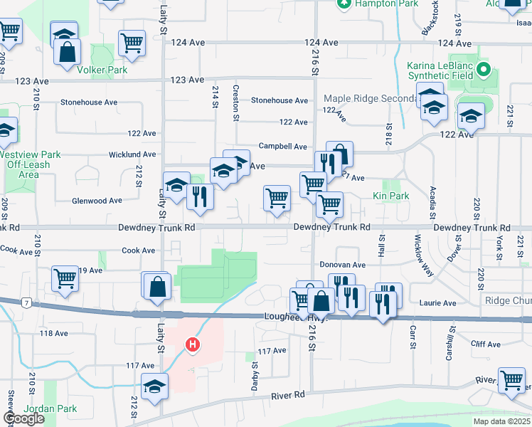 map of restaurants, bars, coffee shops, grocery stores, and more near 21525 Dewdney Trunk Road in Maple Ridge