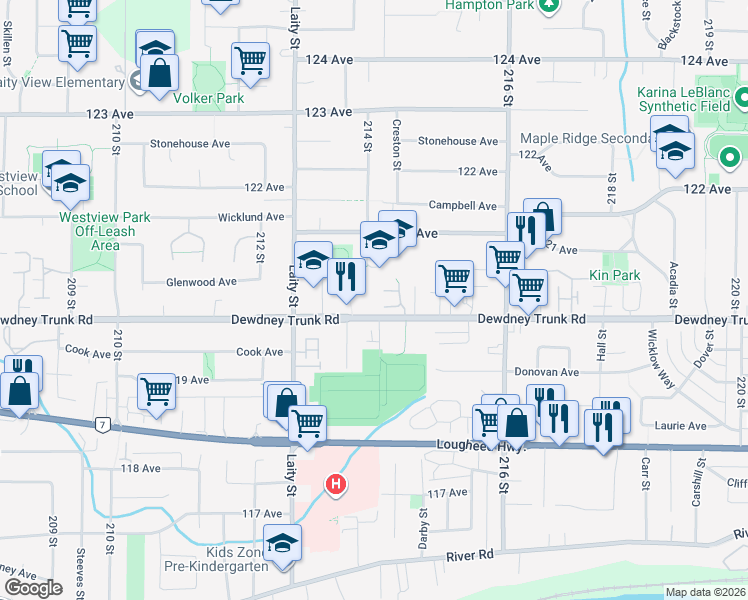 map of restaurants, bars, coffee shops, grocery stores, and more near 21387 Dewdney Trunk Road in Maple Ridge