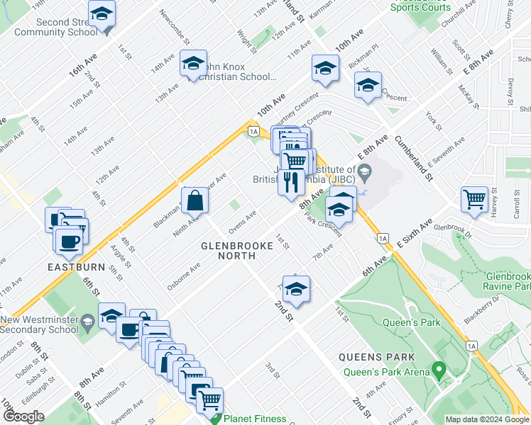 map of restaurants, bars, coffee shops, grocery stores, and more near 815 1st Street in New Westminster