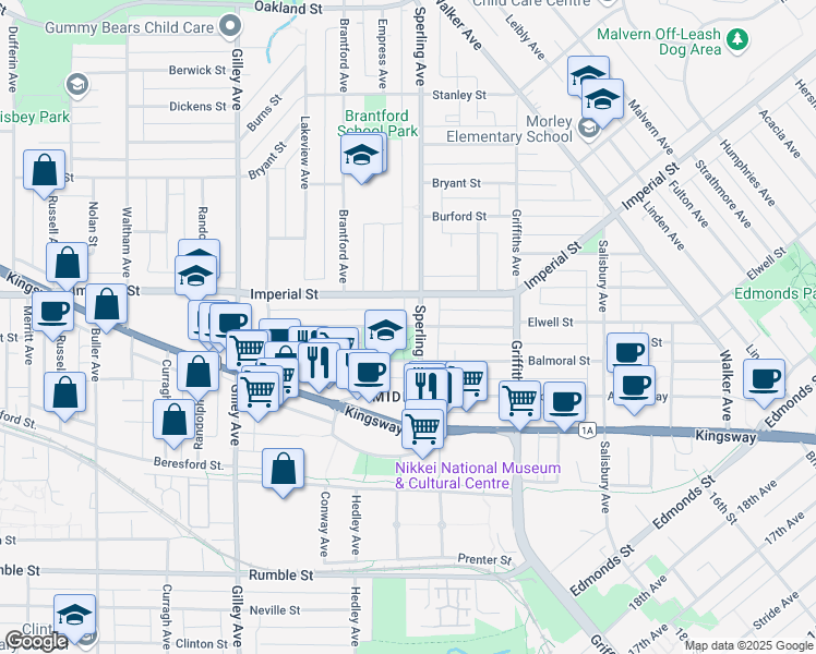 map of restaurants, bars, coffee shops, grocery stores, and more near 6468 Elwell Street in Burnaby