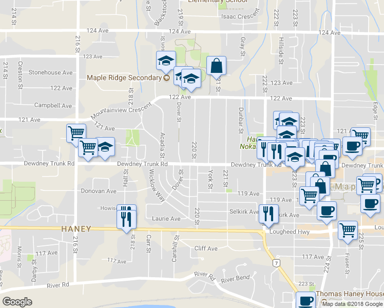 map of restaurants, bars, coffee shops, grocery stores, and more near 12025 220 Street in Maple Ridge