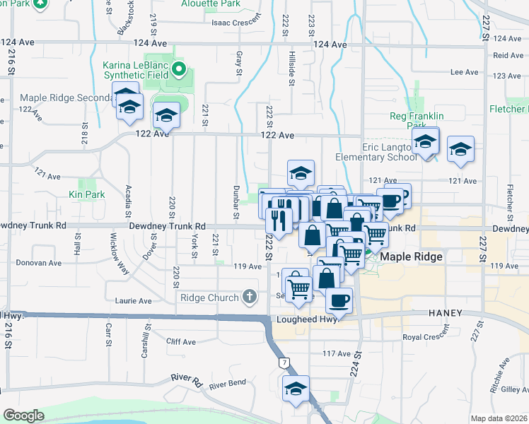 map of restaurants, bars, coffee shops, grocery stores, and more near 22225 Dewdney Trunk Road in Maple Ridge