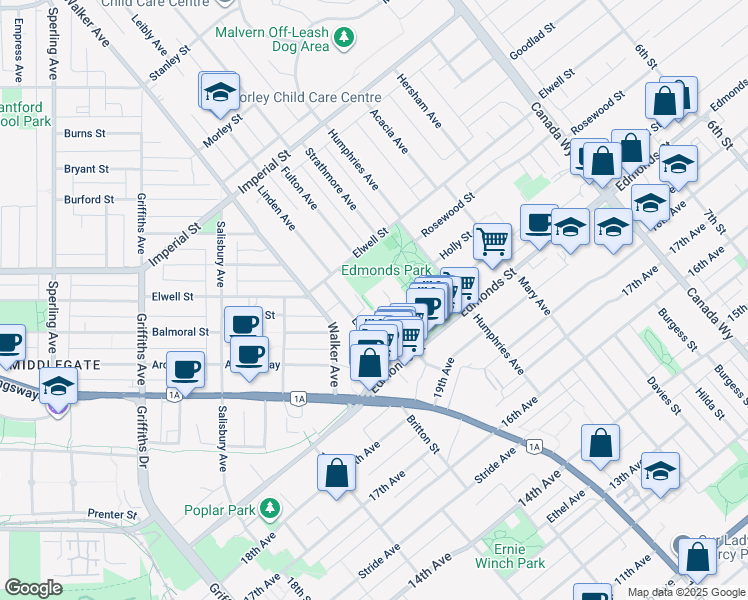 map of restaurants, bars, coffee shops, grocery stores, and more near 7107 Fulton Avenue in Burnaby
