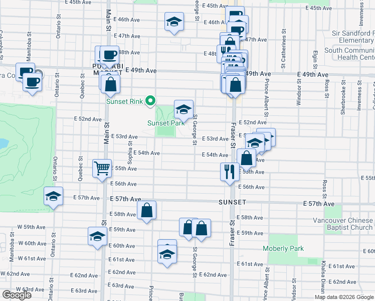 map of restaurants, bars, coffee shops, grocery stores, and more near 483 East 54th Avenue in Vancouver