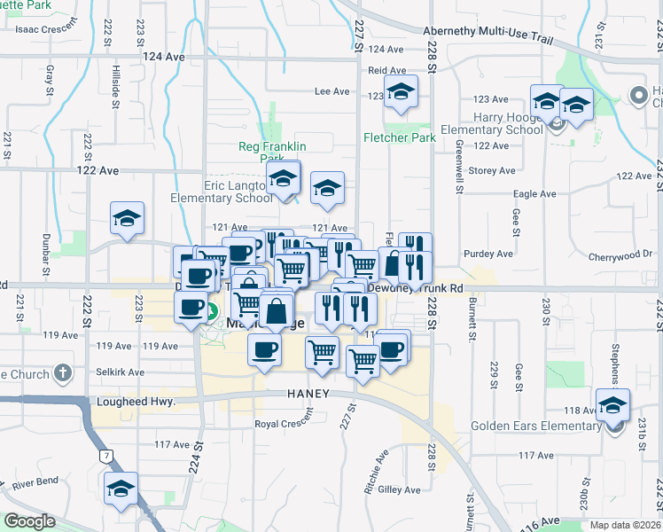 map of restaurants, bars, coffee shops, grocery stores, and more near 22630 Brown Avenue in Maple Ridge