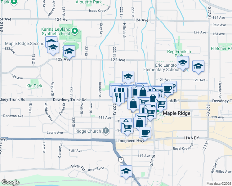 map of restaurants, bars, coffee shops, grocery stores, and more near 22225 Dewdney Trunk Road in Maple Ridge