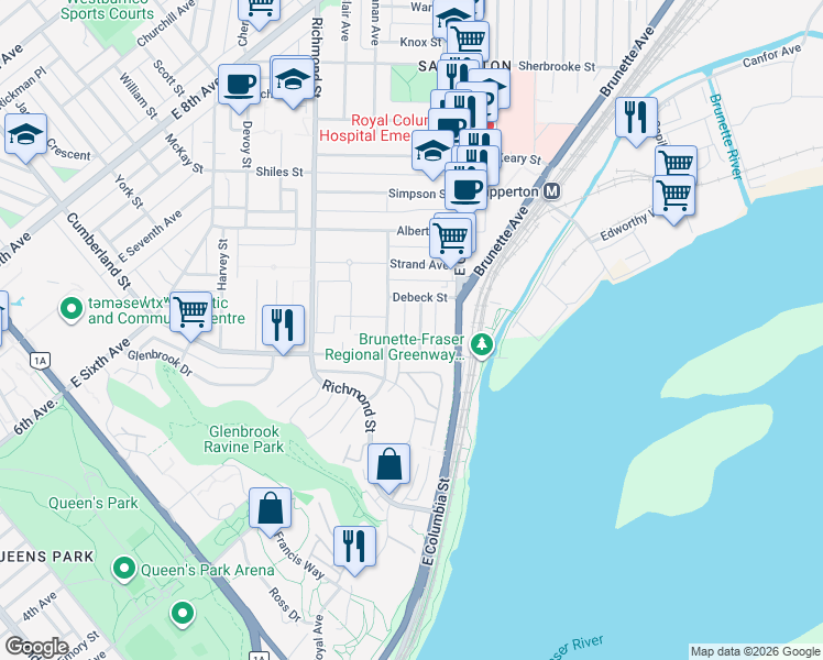 map of restaurants, bars, coffee shops, grocery stores, and more near 107 Sapper Street in New Westminster
