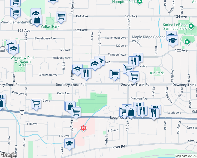 map of restaurants, bars, coffee shops, grocery stores, and more near 21387 Dewdney Trunk Road in Maple Ridge