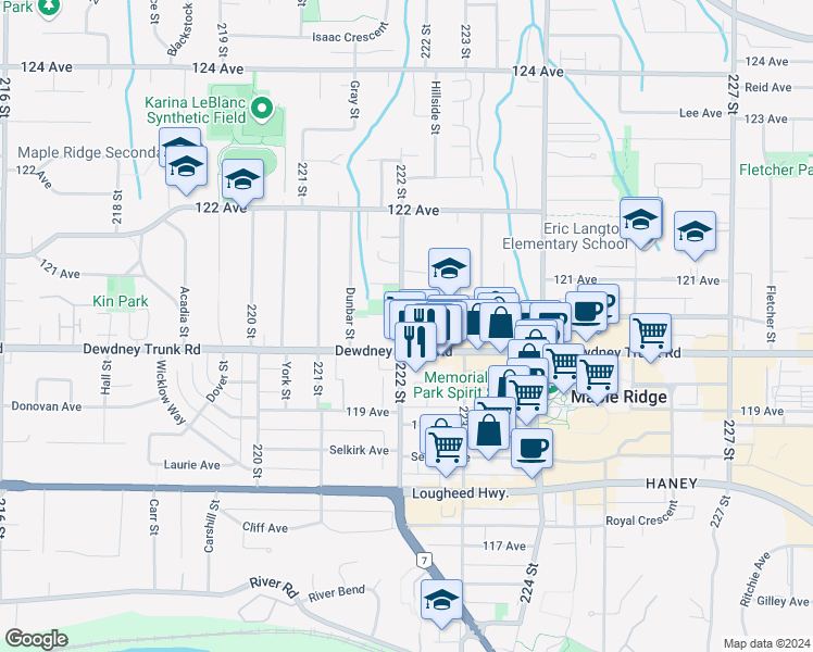 map of restaurants, bars, coffee shops, grocery stores, and more near 12040 222 Street in Maple Ridge