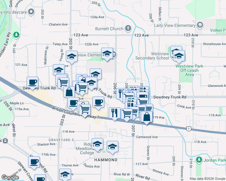 map of restaurants, bars, coffee shops, grocery stores, and more near 12019 206 Street in Maple Ridge
