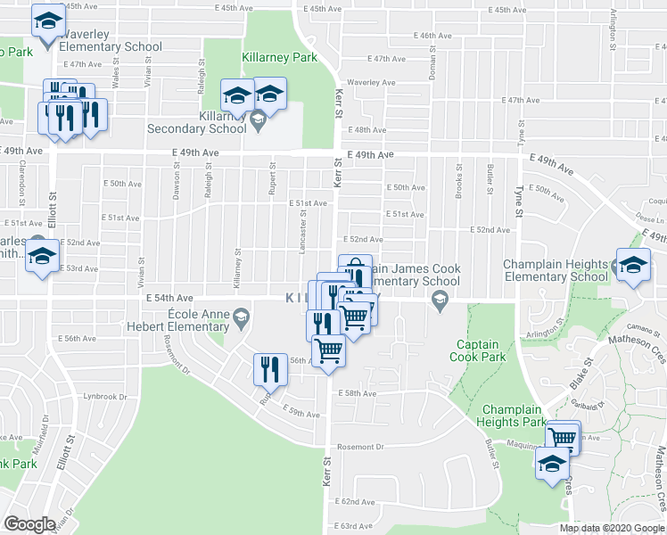 map of restaurants, bars, coffee shops, grocery stores, and more near 6898 Kerr Street in Vancouver