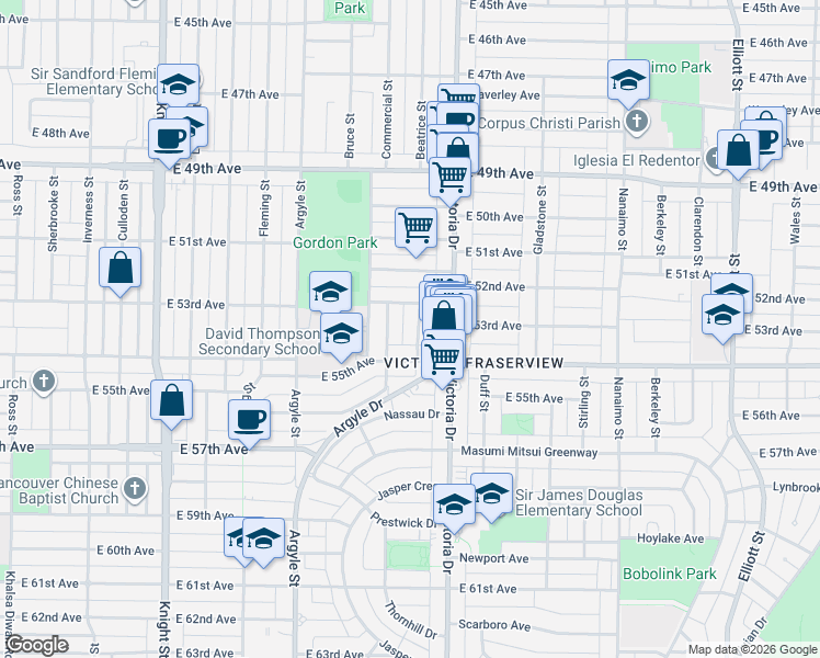 map of restaurants, bars, coffee shops, grocery stores, and more near 6947 Beatrice Street in Vancouver
